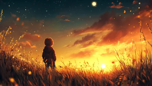 Child in golden meadow watching a dreamy burning sunset.