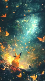 Pikachu basks in firefly dusk beneath a spellbound forest sky.