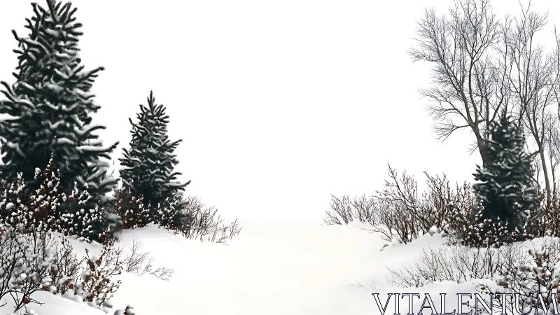 Snow-laden conifers and bare trees frame a high-key winter corridor