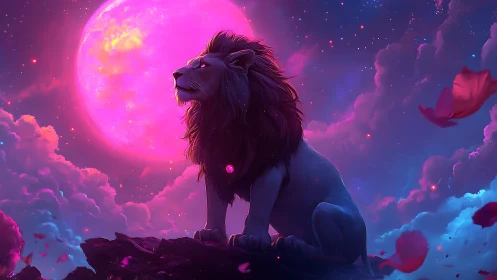 Lion stands on rocky ledge before glowing pink moon