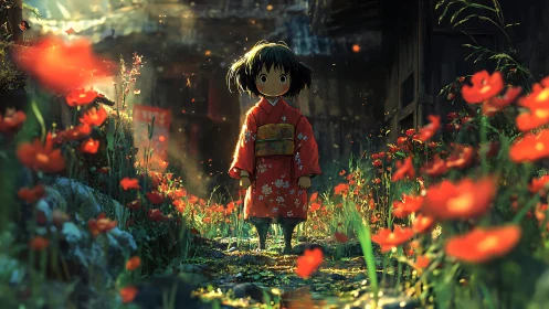Girl in red kimono stands amid sunlit poppy garden path