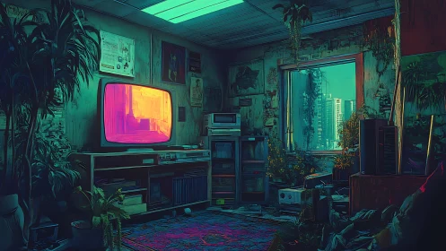 Retro cyberpunk living room with neon screen and city view.