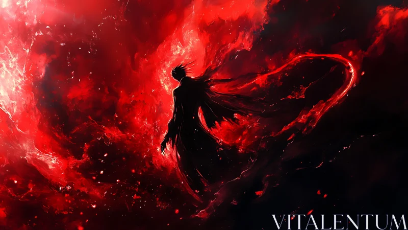 Dark silhouetted figure amid swirling red energy field.