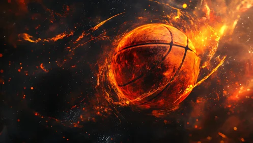 Molten basketball sphere engulfed in dynamic fiery plasma field