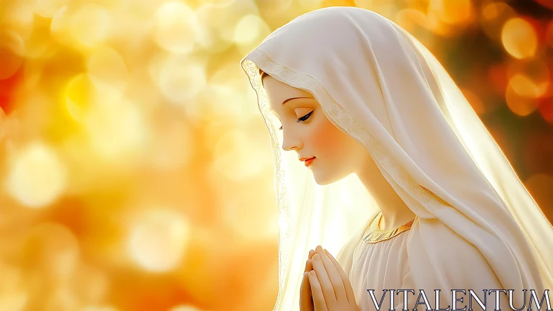 Serene veiled woman in prayer amid golden bokeh glow.