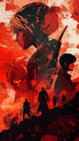 Layered red-toned anime warriors are arranged in composite.