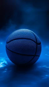 Monochrome blue basketball under dramatic studio rim light.