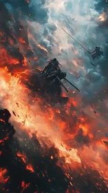 Samurai duel suspended in stormlit inferno of fire and smoke.