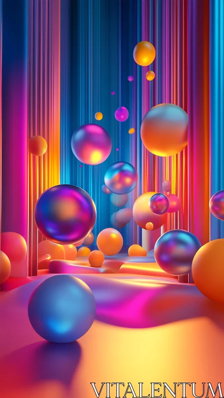 Colorful 3D spheres float within vertical light strips