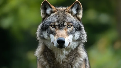 Calm woodland wolf meets the viewer with steady golden eyes