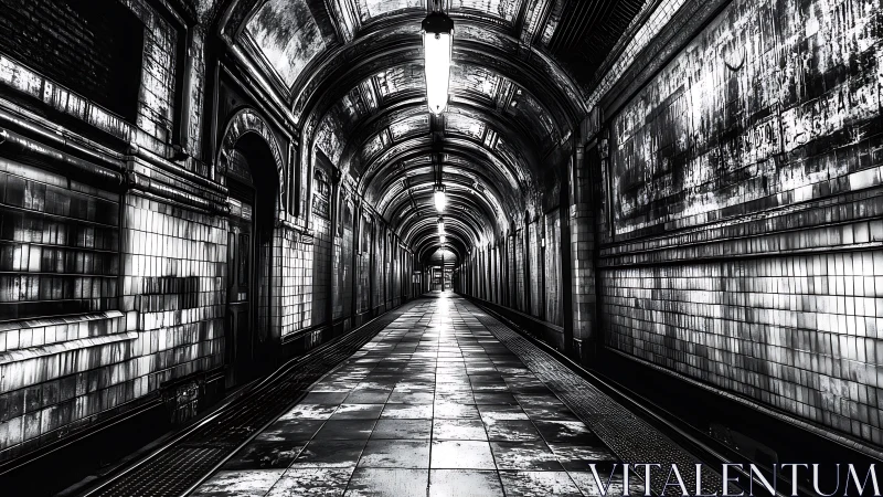 Monochrome subway corridor stretches into a haunted vanishing point.