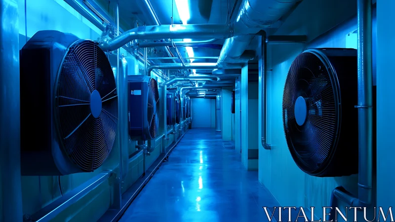 Industrial cooling corridor with large wall-mounted fans.