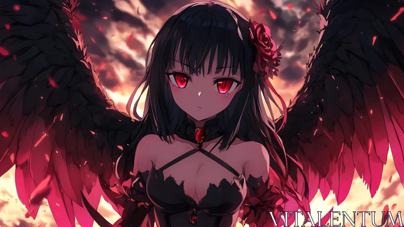 Dark-winged anime figure stands before illuminated sky