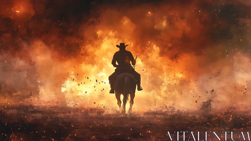 Silhouetted Cowboy Thunders Through Inferno Blaze.