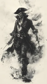 Storm-swept pirate captain rendered in dynamic monochrome ink