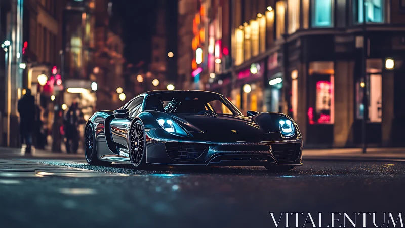 Midnight supercar glides through neon city streets.