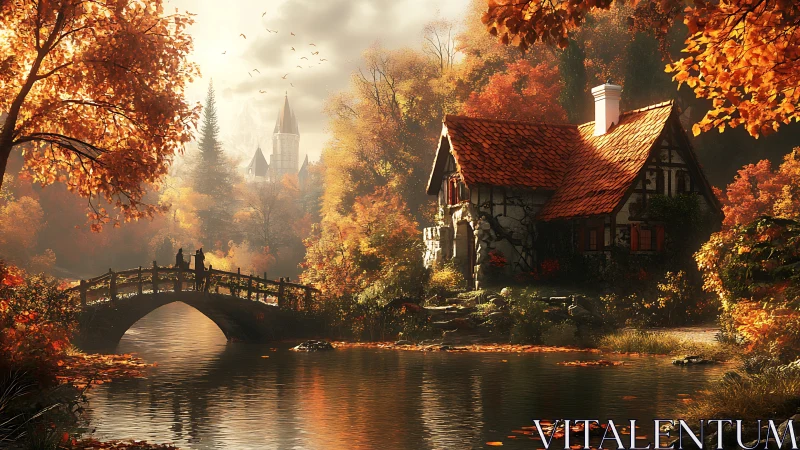 Autumnal riverside cottage with bridge and distant spires rendered.