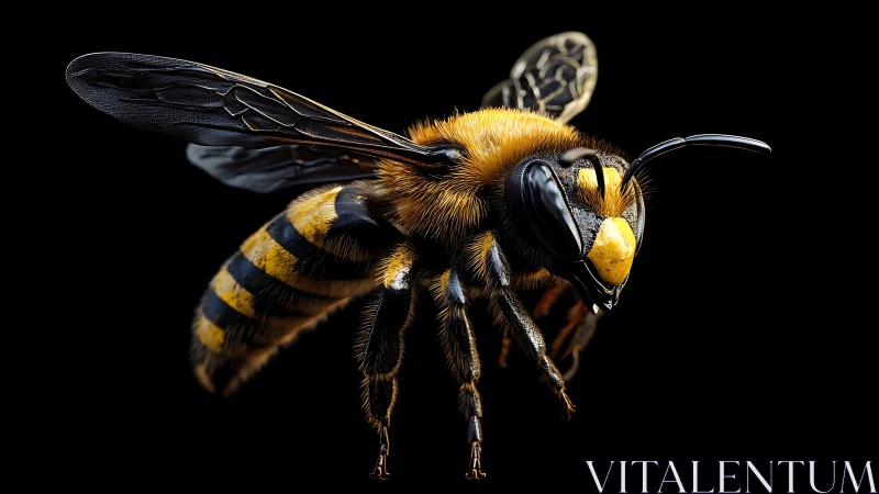 Golden bee rests in dramatic closeup against deep black