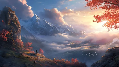 Sunlit mountain valley with mist and crimson autumn trees.