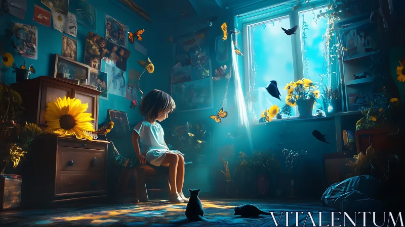 Luminous child interior with levitating fauna and floral halos.