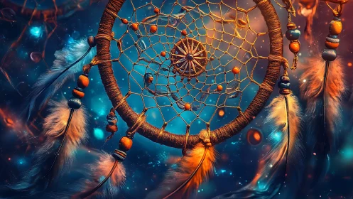 Starlit dreamcatcher drifting through a cosmic feather river.