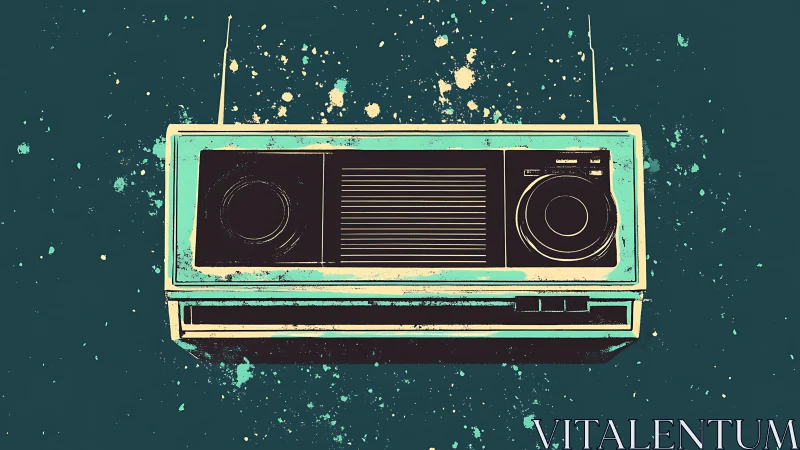 Retro teal radio suspended in splattered pop backdrop.