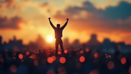 Silhouetted person with raised arms against city sunset.