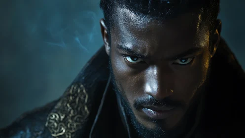 Close frontal portrait shows intense gaze in low key light