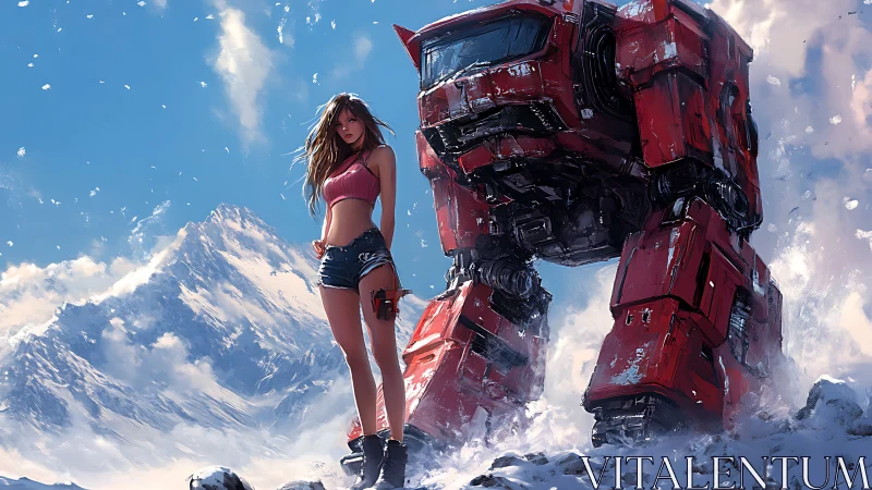Snowfield pilot with towering red mech under crisp skies.