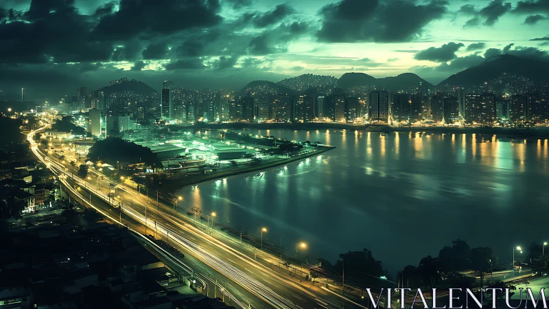 Neon-lit coastal city skyline with sweeping night traffic lines.