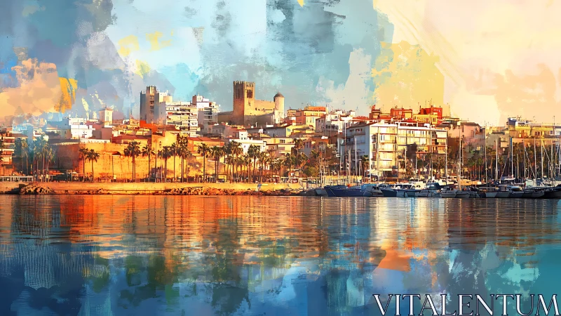 Harbor city skyline glows over calm reflective waterfront