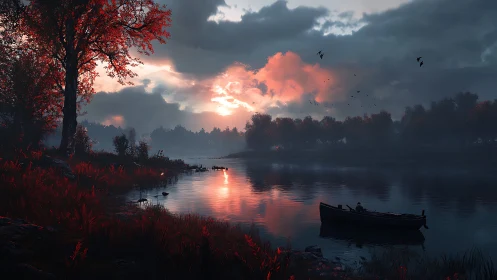 Autumn river at dusk with solitary boat and glowing sky.