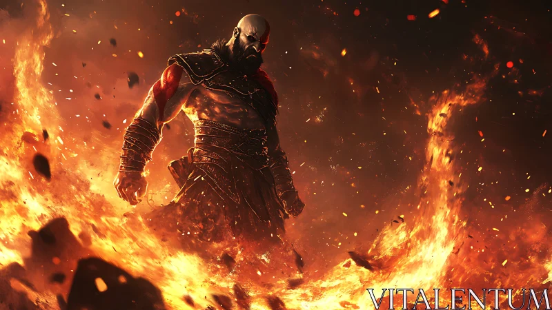 Warrior silhouette dominates infernal battlefield blaze.