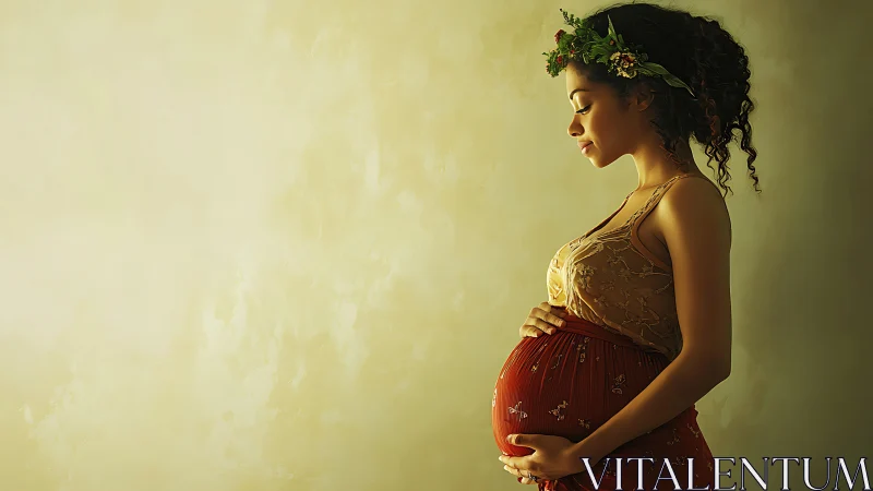 Serene pregnant woman in floral crown, soft natural light portrait.