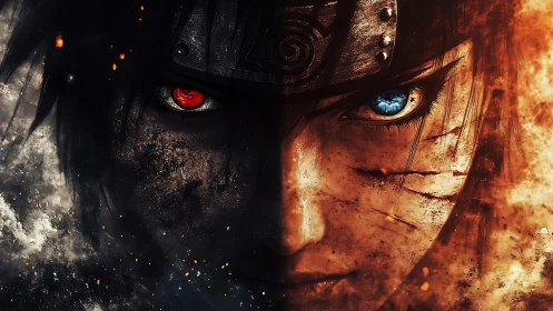 Dual-eyed warrior divides fire and shadow in intense portrait.