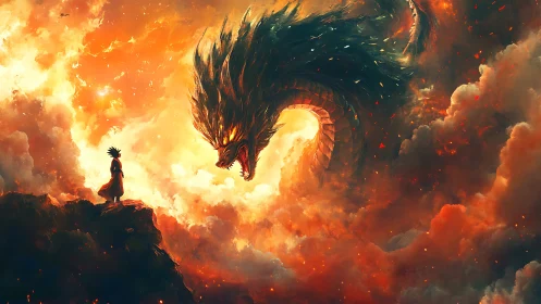 Child confronts massive fiery dragon in storming sky