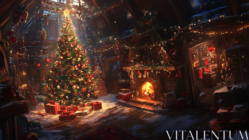 Grand Christmas tree glows beside rustic hearth fire.