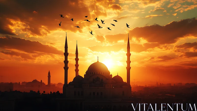 Mosque silhouette stands against vivid orange sunset sky