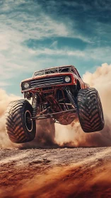 Off-road monster truck captured mid-jump in dynamic dust cloud