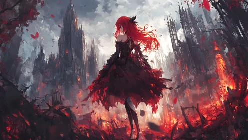 Red-haired figure surveys burning gothic ruins in high-contrast palette