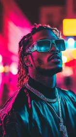 Neon-lit portrait of stylish man in reflective streetwear.