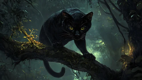 Black panther perched on mossy forest branch