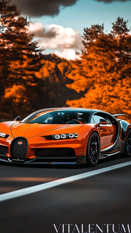 Orange hypercar driving on forest road in bright daylight.