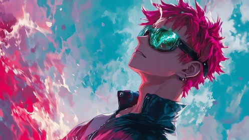 Chromatic skyward profile with reflective cyber-reactive visor.