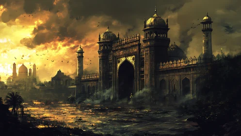 Distant domed citadel stands before turbulent, illuminated sky