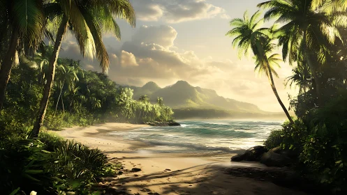 Tropical coastal landscape with palm framing and mountainous backdrop