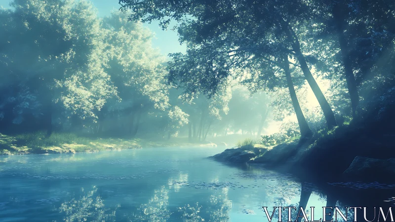 Sunlit forest river reflects dense trees and soft morning mist