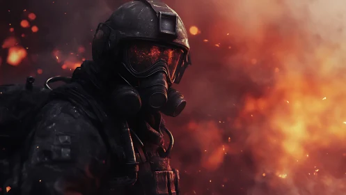 Flames curl around a lone gas-masked soldier in burning dusk