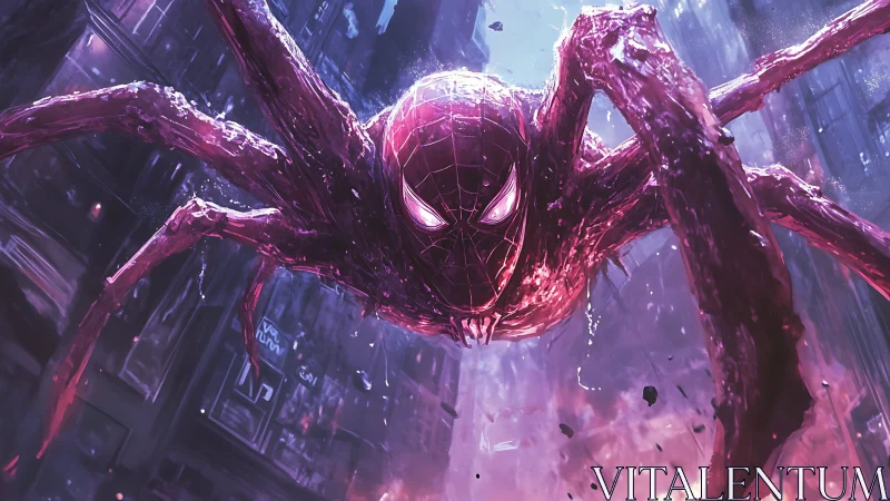 Bioluminescent arachnid entity descends through neon city canyon