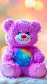 Pink plush teddy bear with rainbow belly sits under bokeh light